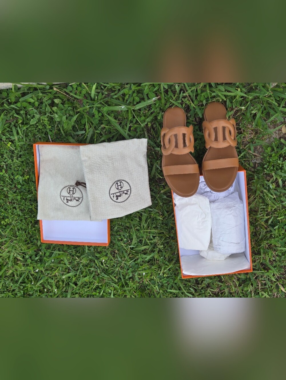 Hermès Brown Lagune Leather Slide Sandals
